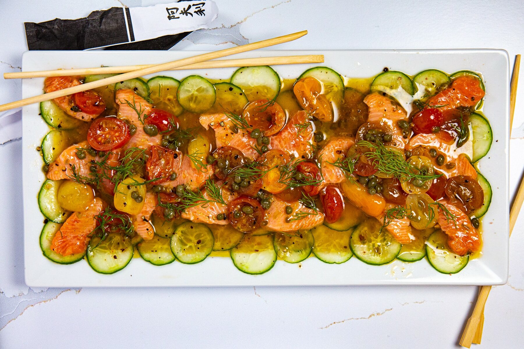 Salmon Crudo, Salmon Crudo with Tomato Citrus vinaigrette, crudo