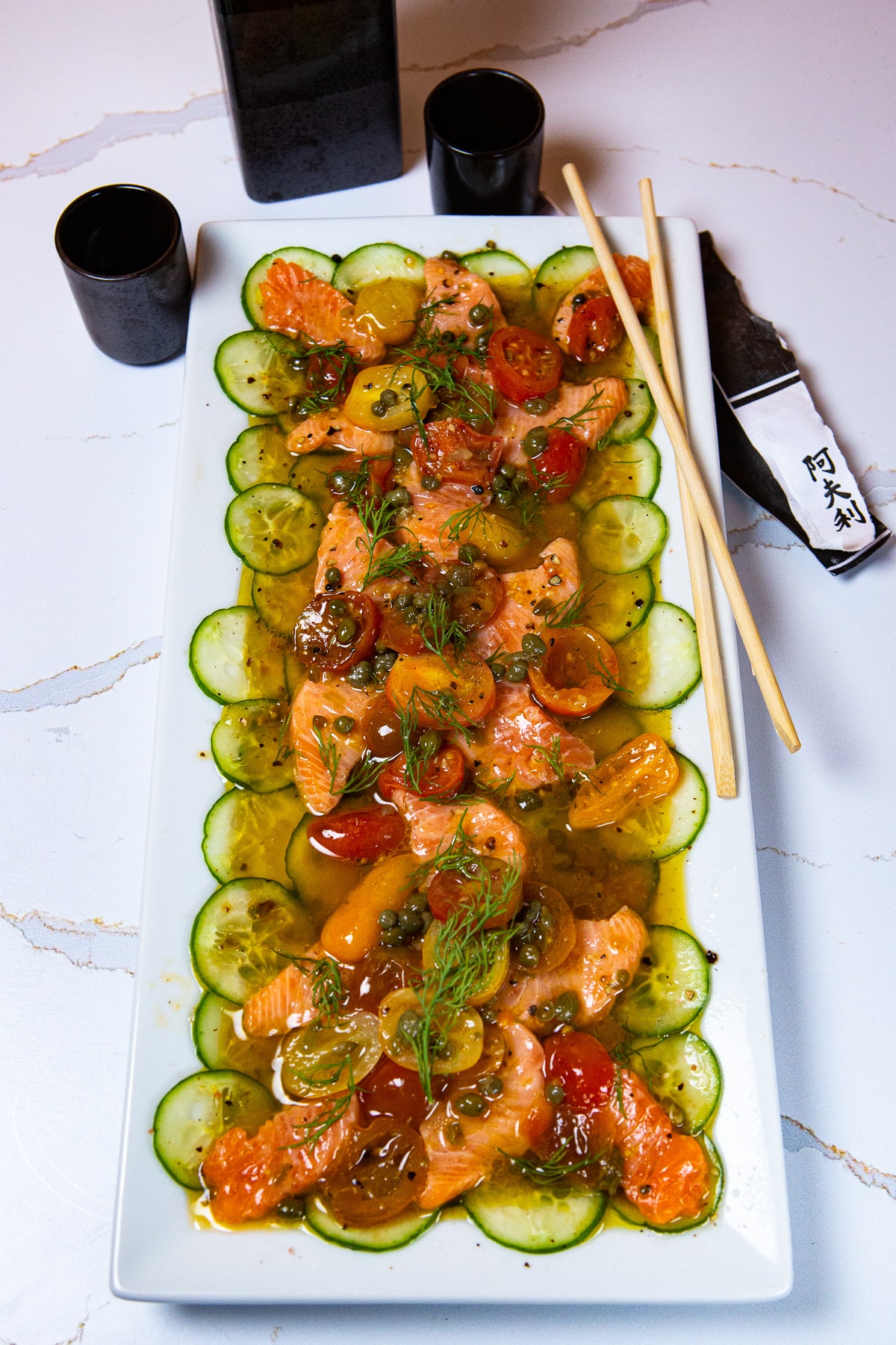 Salmon Crudo, Salmon Crudo with Tomato Citrus vinaigrette, crudo