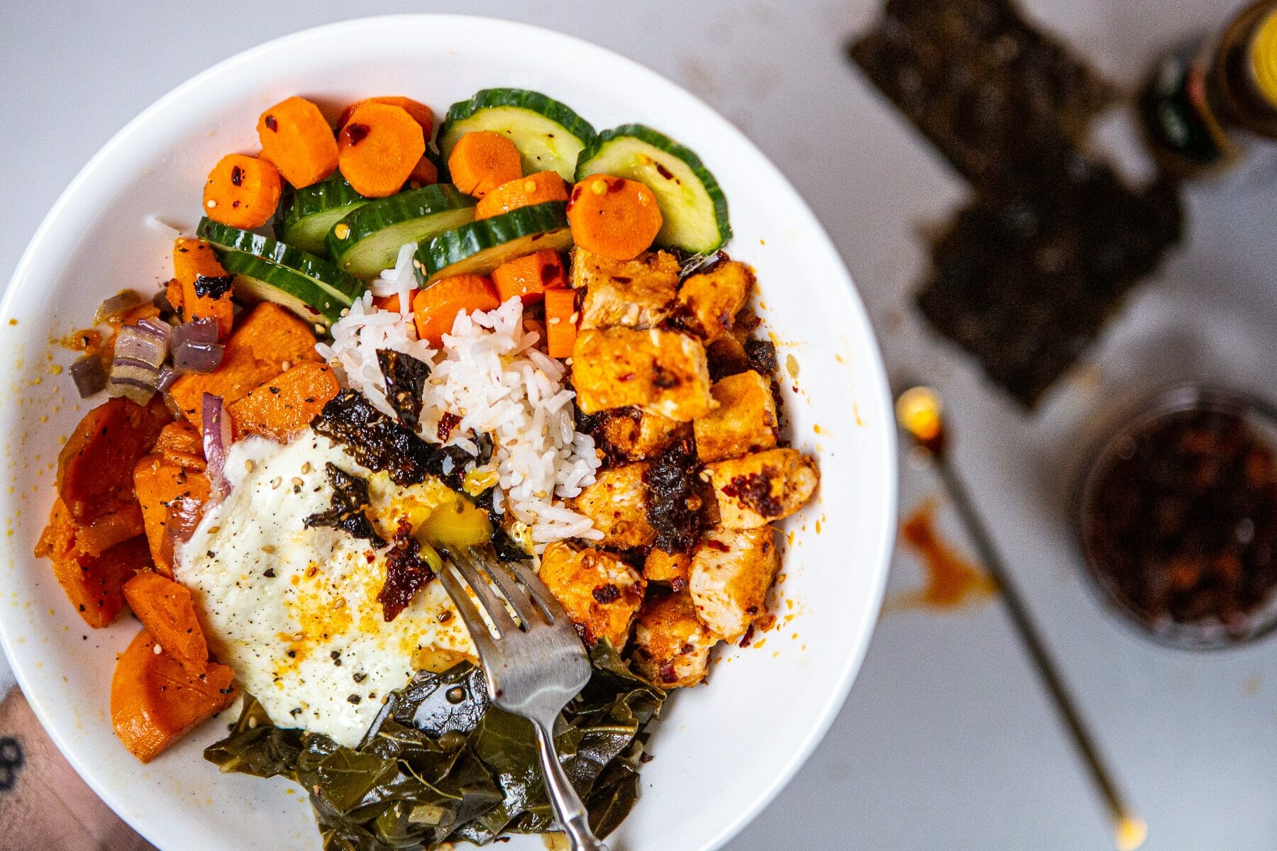 Fried Chicken Bibimbap, Bibimbap, chicken bibimbap,