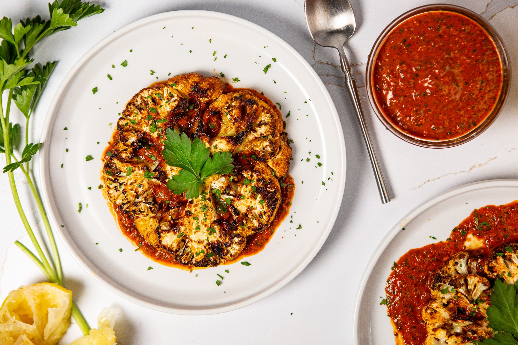 Air fryer cauliflower steaks, air fryer cauliflower, air fried cauliflower steaks, cauliflower steaks with red chimichurri sauce, cauliflower recipe, air fried cauliflower recipe, how to make cauliflower in the air fryer,