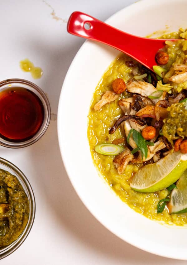 bubur ayam, recipe for bubur ayam, how to make bubur ayam, chicken and rice congee, chicken and rice porridge, chicken congee, Indonesian chicken and rice congee,