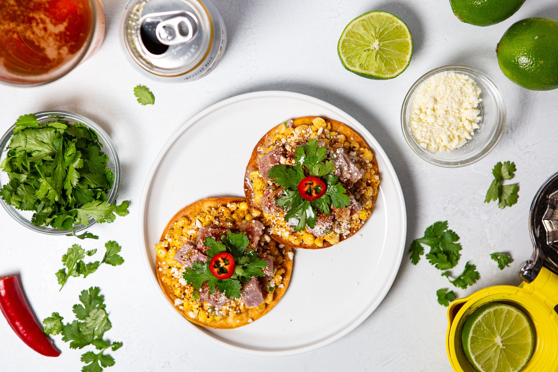 Ahi Tuna Elote Tostadas, Ahi Tuna Tostada, Ahi Tuna Tostadas, Fish Tostadas, Ahi Tuna Tostadas Recipes, Elote Tostada, Mexican Street Corn Tostada, Tuna Tostada, How to Make Ahi Tuna Tostadas, recipe for ahi tuna tostada, 