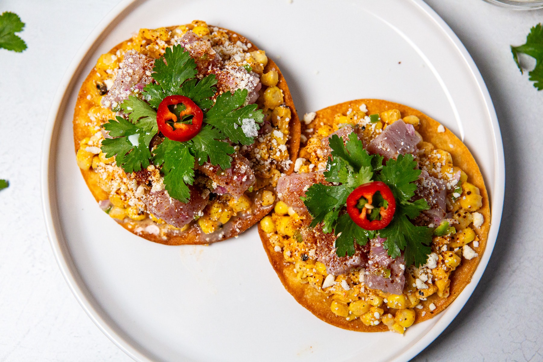 Ahi Tuna Elote Tostadas, Ahi Tuna Tostada, Ahi Tuna Tostadas, Fish Tostadas, Ahi Tuna Tostadas Recipes, Elote Tostada, Mexican Street Corn Tostada, Tuna Tostada, How to Make Ahi Tuna Tostadas, recipe for ahi tuna tostada, 