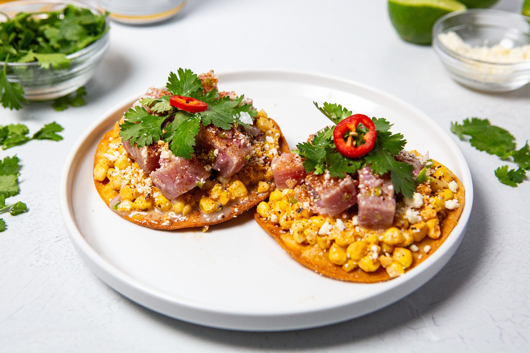 Ahi Tuna Elote Tostadas, Ahi Tuna Tostada, Ahi Tuna Tostadas, Fish Tostadas, Ahi Tuna Tostadas Recipes, Elote Tostada, Mexican Street Corn Tostada, Tuna Tostada, How to Make Ahi Tuna Tostadas, recipe for ahi tuna tostada, 