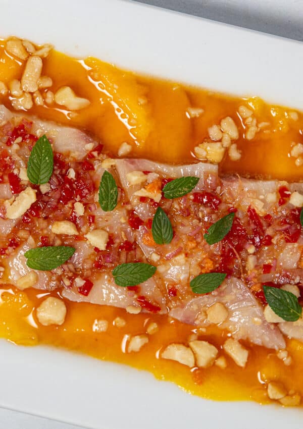 Mango & Macadamia Nut Hamachi Crudo w/ Mint and a Citrusy Ponzu Sauce