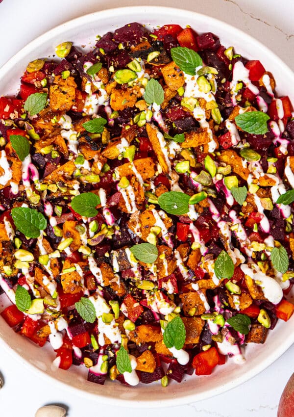 Butternut Squash & Beetroot Salad w/ Horseradish Sour Cream Sauce, Pistachios, & Mint
