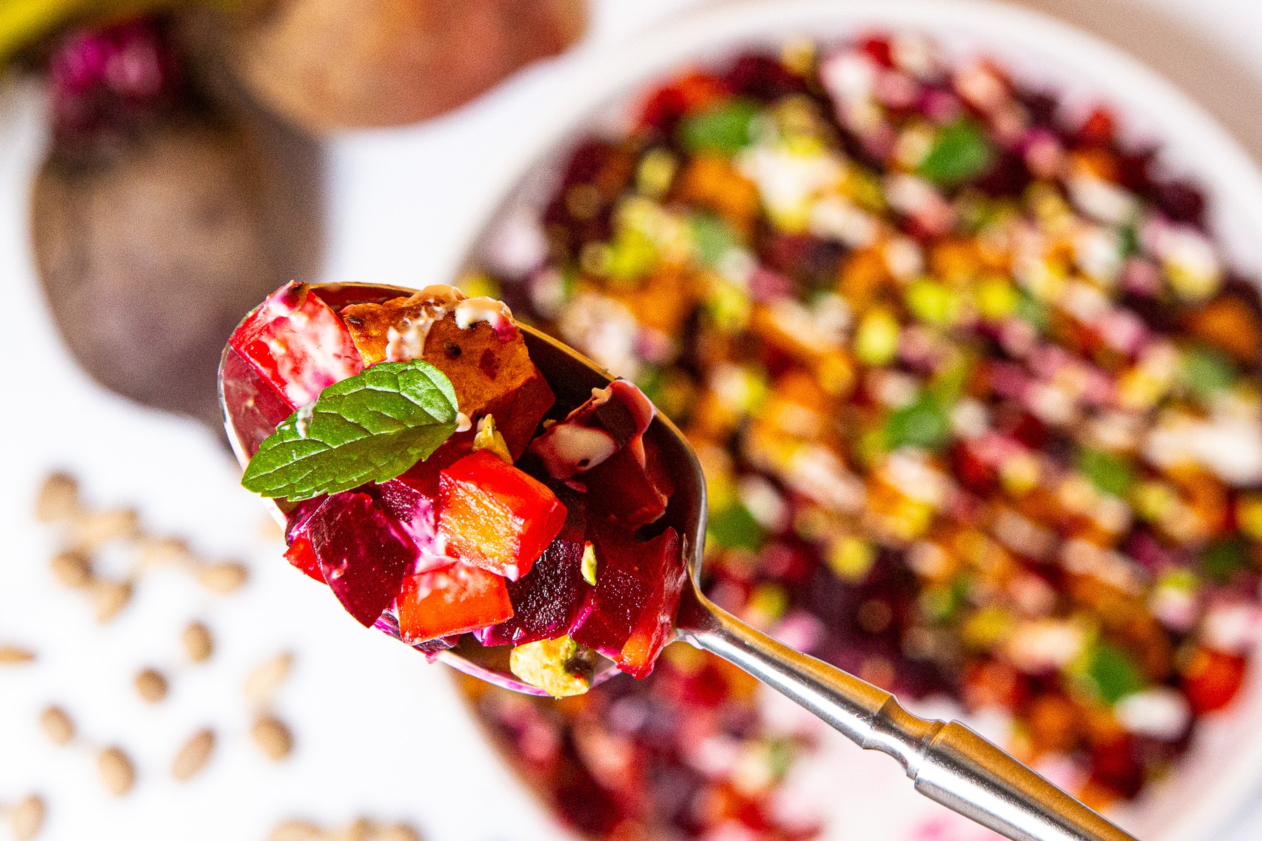 Beetroot and butternut squash salad, Butternut beetroot salad, beet salad, roasted beets, butternut squash and beet salad, beet salad recipe, horseradish sour cream sauce, how to make a beetroot and butternut squash salad, colorful salad, mint and pistachios, 
