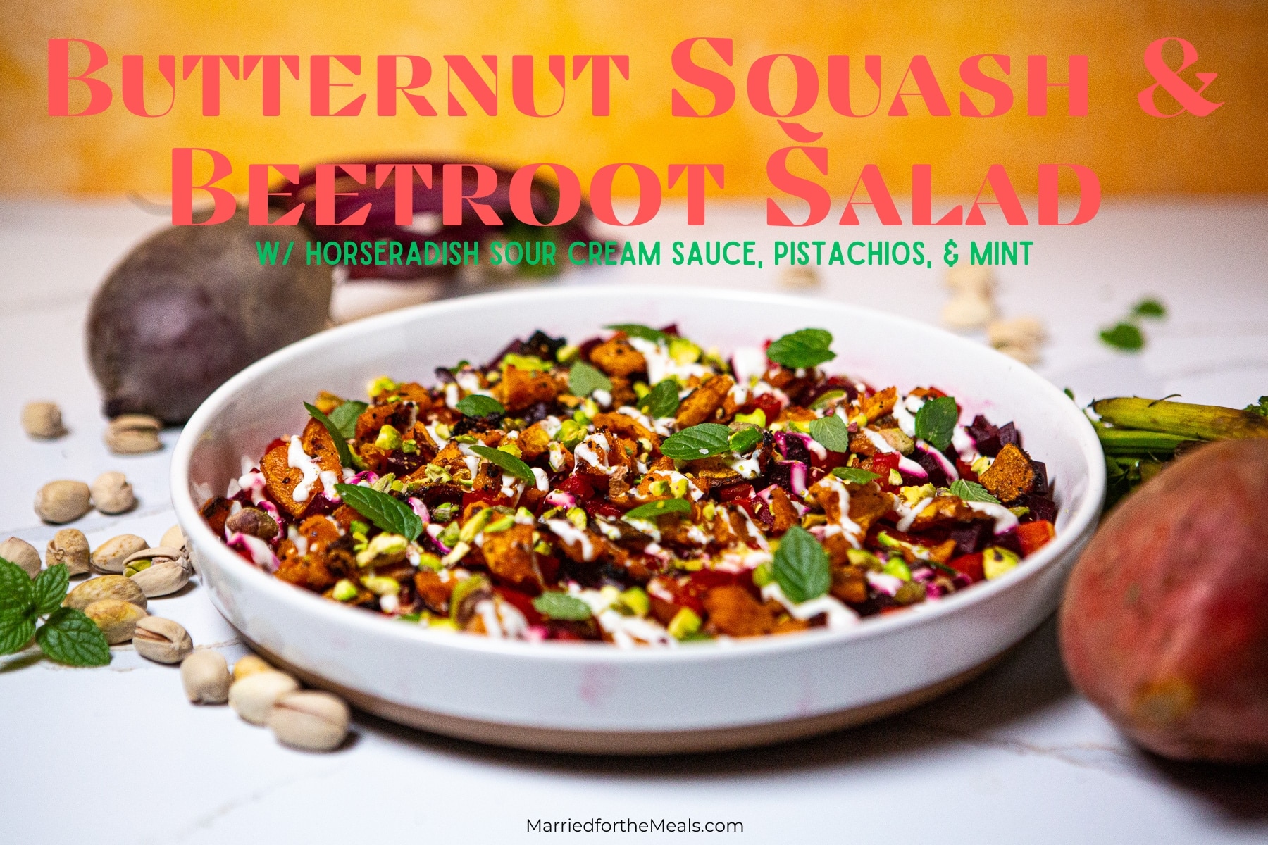 Beetroot and butternut squash salad, Butternut beetroot salad, beet salad, roasted beets, butternut squash and beet salad, beet salad recipe, horseradish sour cream sauce, how to make a beetroot and butternut squash salad, colorful salad, mint and pistachios, 
